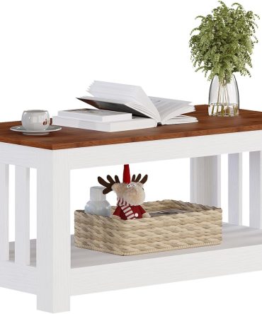 Wooden One Style Fits All Coffee Table - Walnut & White Coffee Table with Storage, 2-Tier Rectangular Console Living Room, Scratch/Water Resistant Farmhouse Easy Assembly