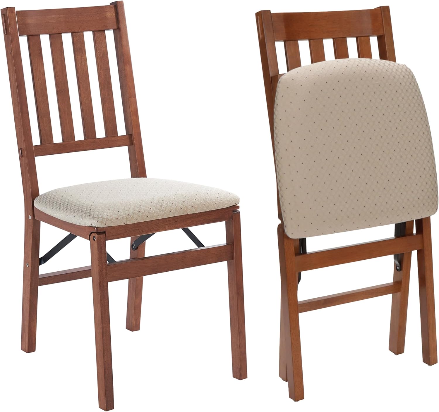 Wooden Folding Chairs with Padded Seats, Set of 2 - No Assembly Foldable Dining Chairs, Steel Folding Mechanism, Upholstered Cushion, Space-Saving, Fruitwood Frame