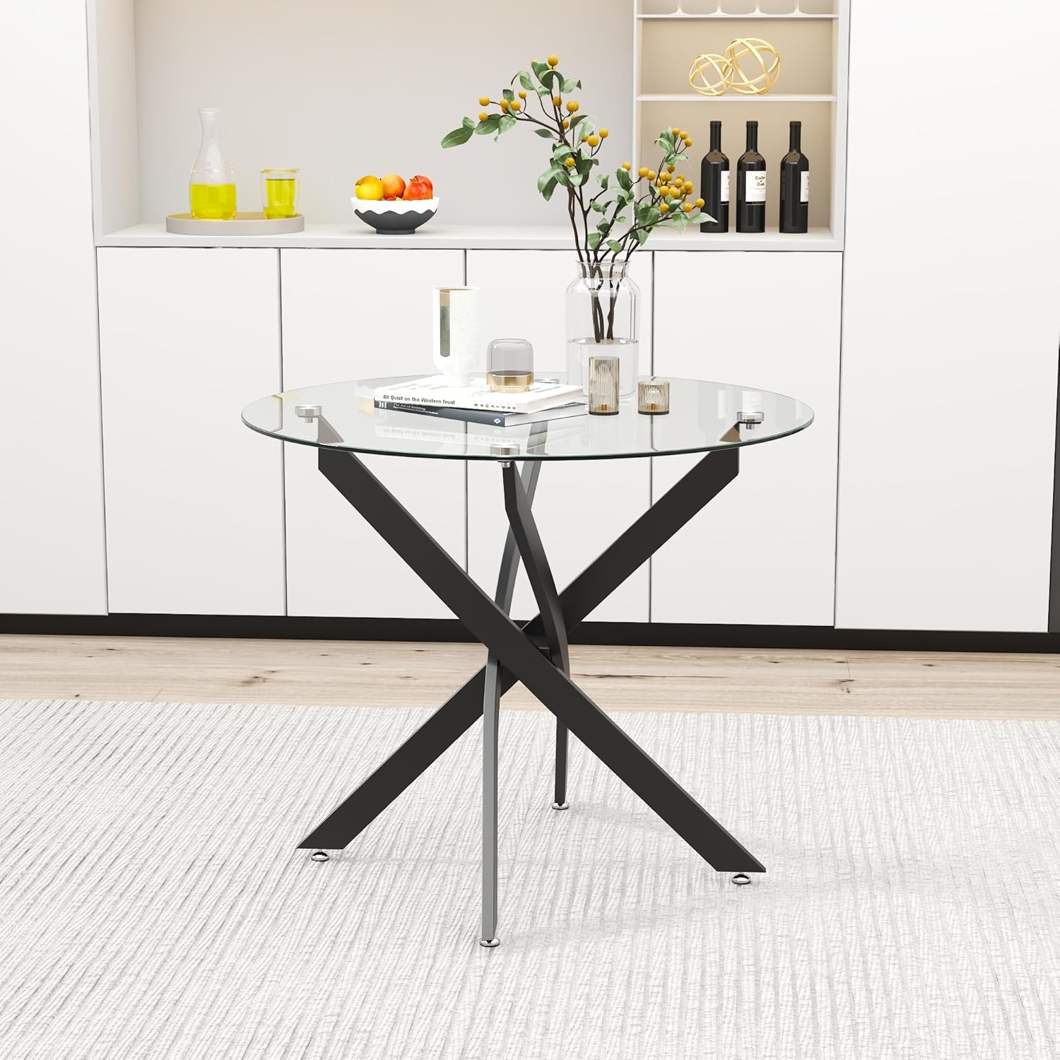 Glass Dining Table Modern Kitchen Table with Black Metal Legs 31.5 Inch Small Round Dining Table for Apartment Kitchen Dining Room