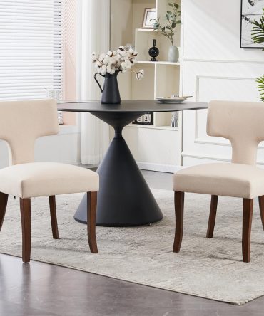 Dining Chairs Set of 2, Mid Century Modern Kitchen Chairs, Linen Fabric Side Chair with Curved Backrest for Living Room Bedroom,Beige