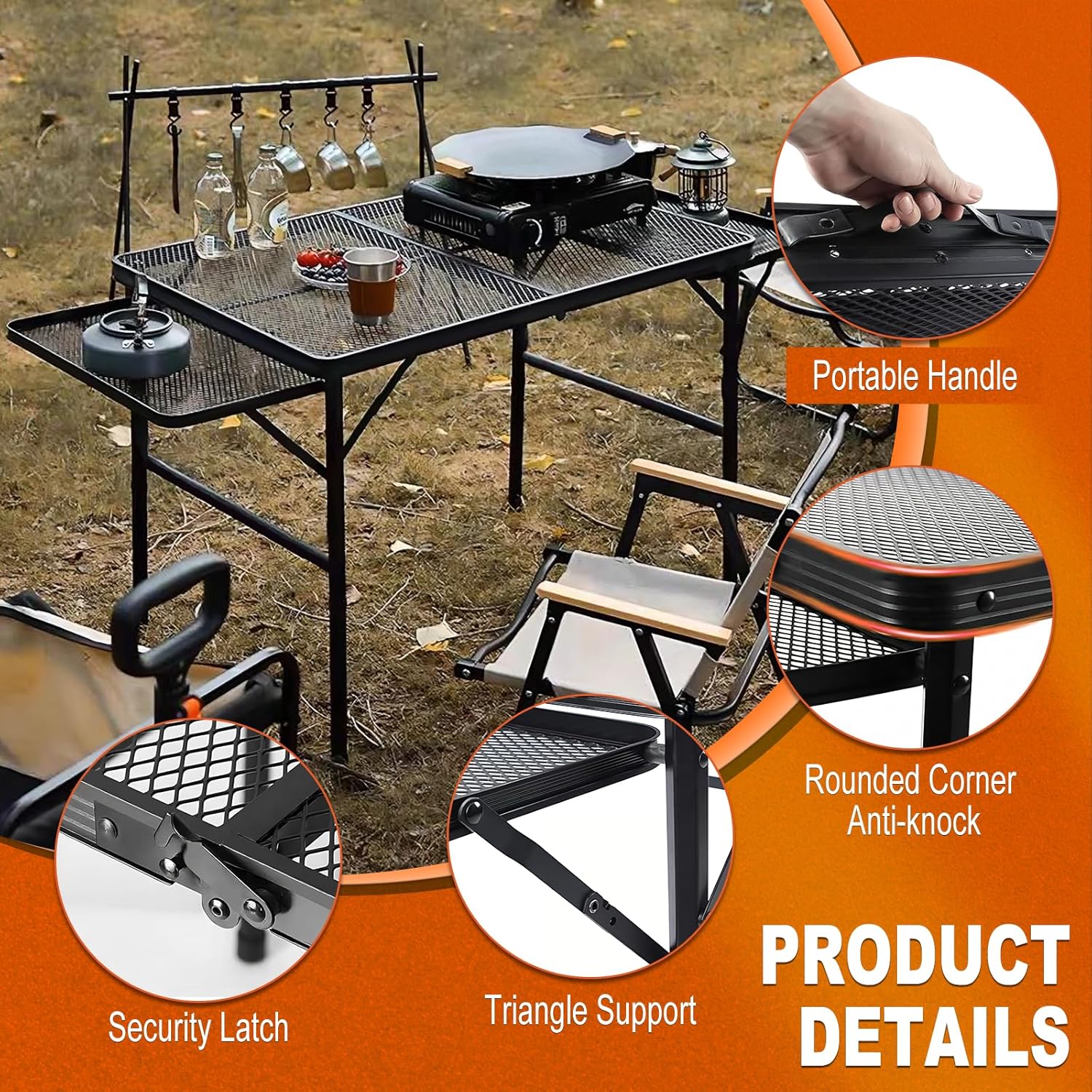 4.4FT Folding Grill Table, Portable Camping Table with Extension Board, Height Adjustable Metal Table with Mesh Desktop, Lightweight Outdoor Grill Table for Camping, Picnic, Beach and BBQ - Image 2