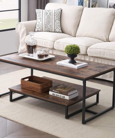 Industrial Coffee Table for Living Room, Rustic Cocktail Table with Storage Shelf, Wood Look Furniture with Metal Frame, 47 inch Rustic Brown