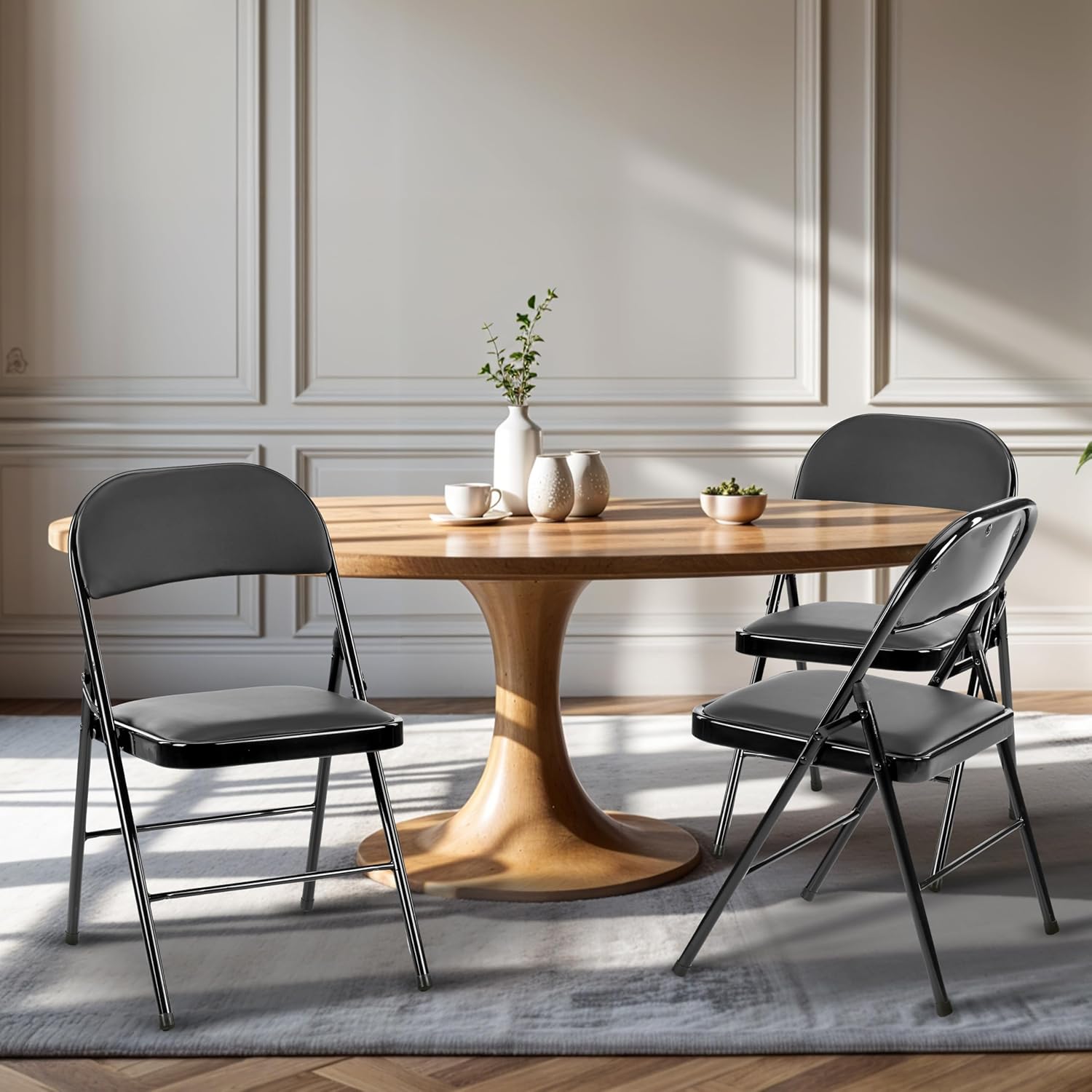 4 Pack Folding Chairs with Leather Padded Cushion Seats & Durable Metal Frame, Comfortable, Foldable, Portable, Commercial Event Seat, Indoor Outdoor for Parties, Home, Office, Black - Image 2