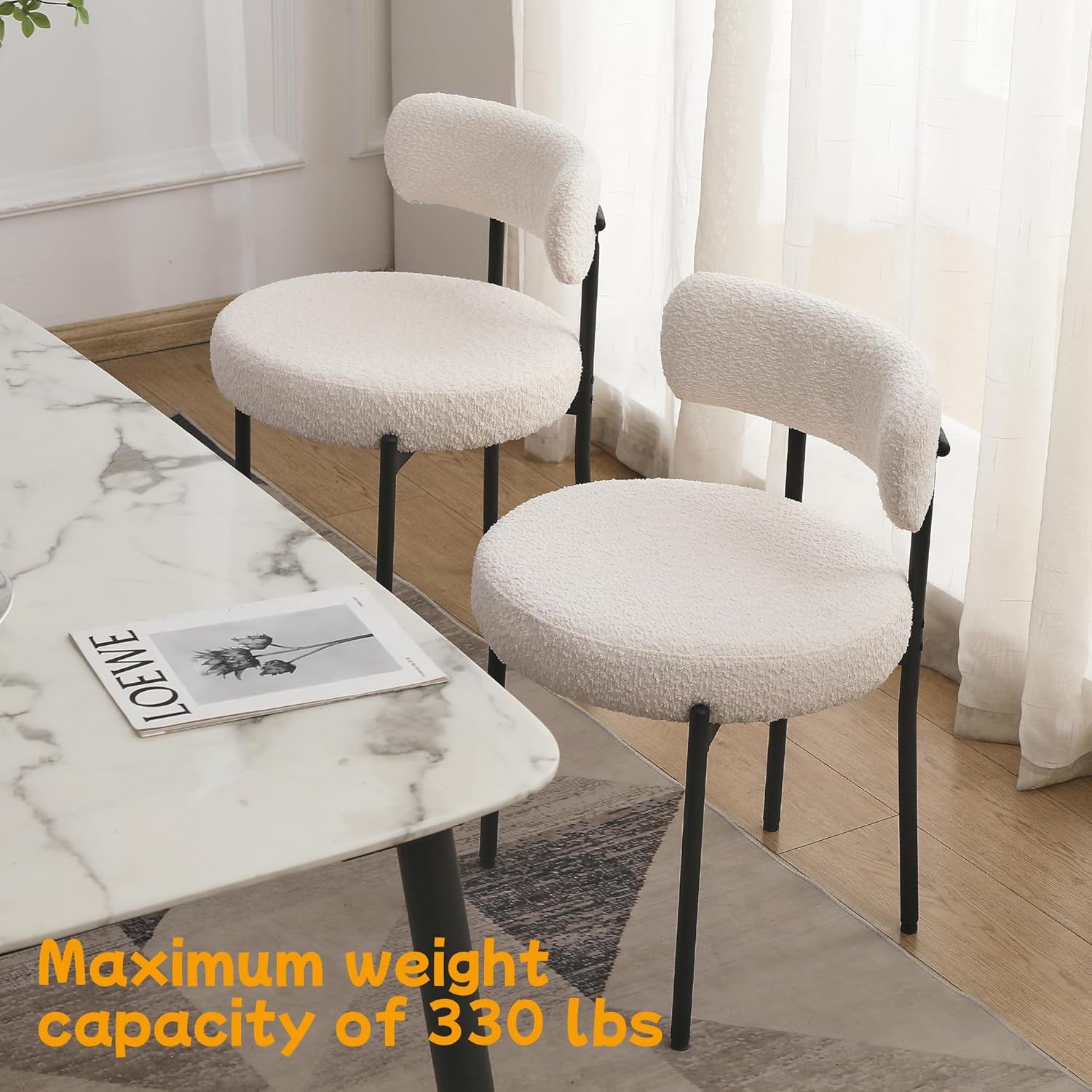 White Dining Chairs Set of 2, Modern Dining Room Chairs Mid Century with 3.94" Cushions and Metal Legs, Round Upholstered Boucle Chairs for Kitchen, Living Room, Easy Assembly - Image 2