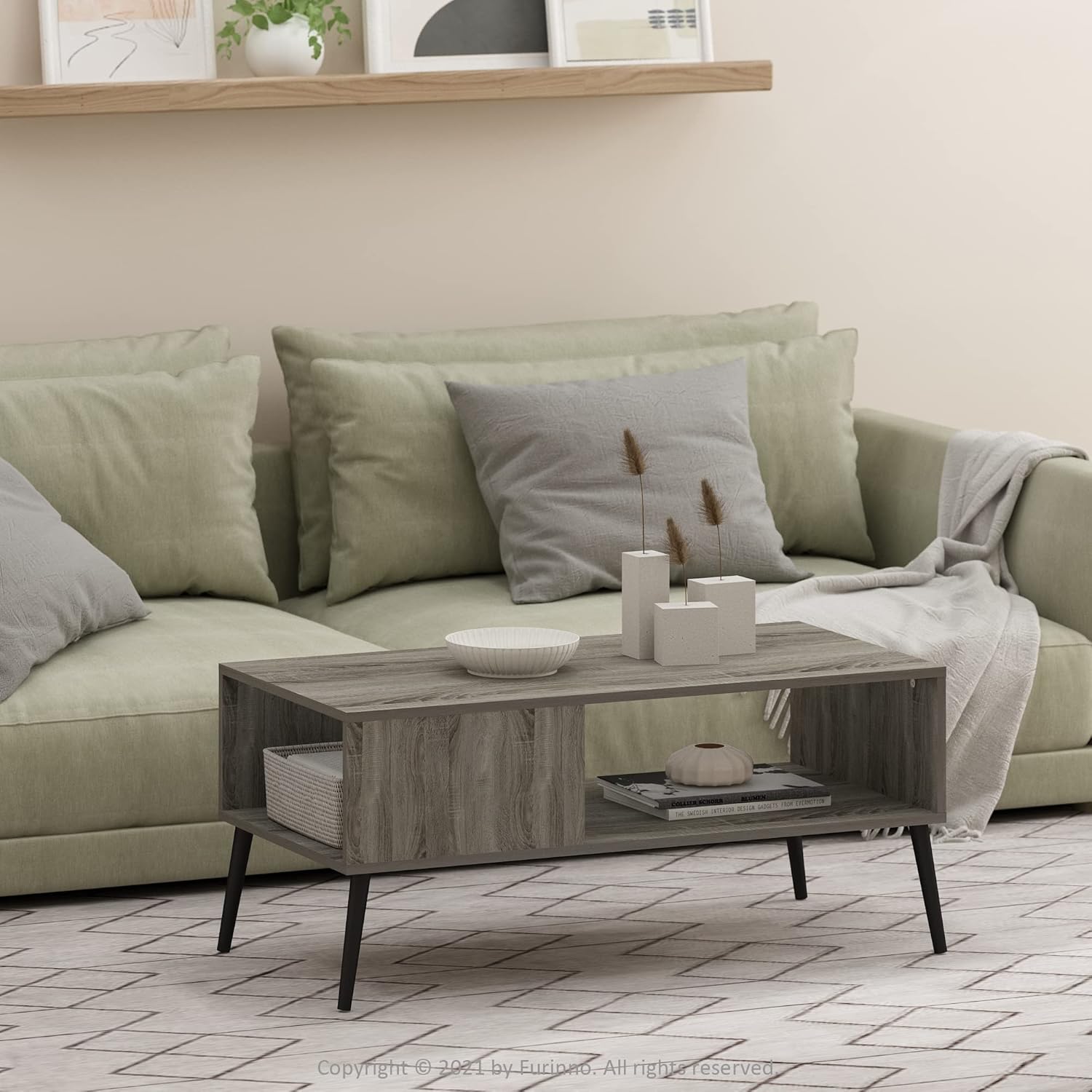 Mid Century Style Coffee Table with Wood Legs, French Oak Grey Large Non-Lift Top - Image 2