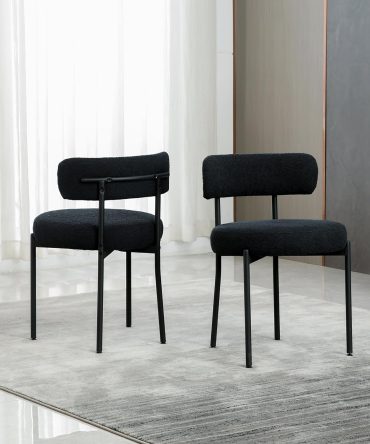Black Boucle Dining Chairs Set of 2, Mid Century Modern Kitchen Chairs with Curved Backrest and Metal Legs, Upholstered Dining Room Chairs