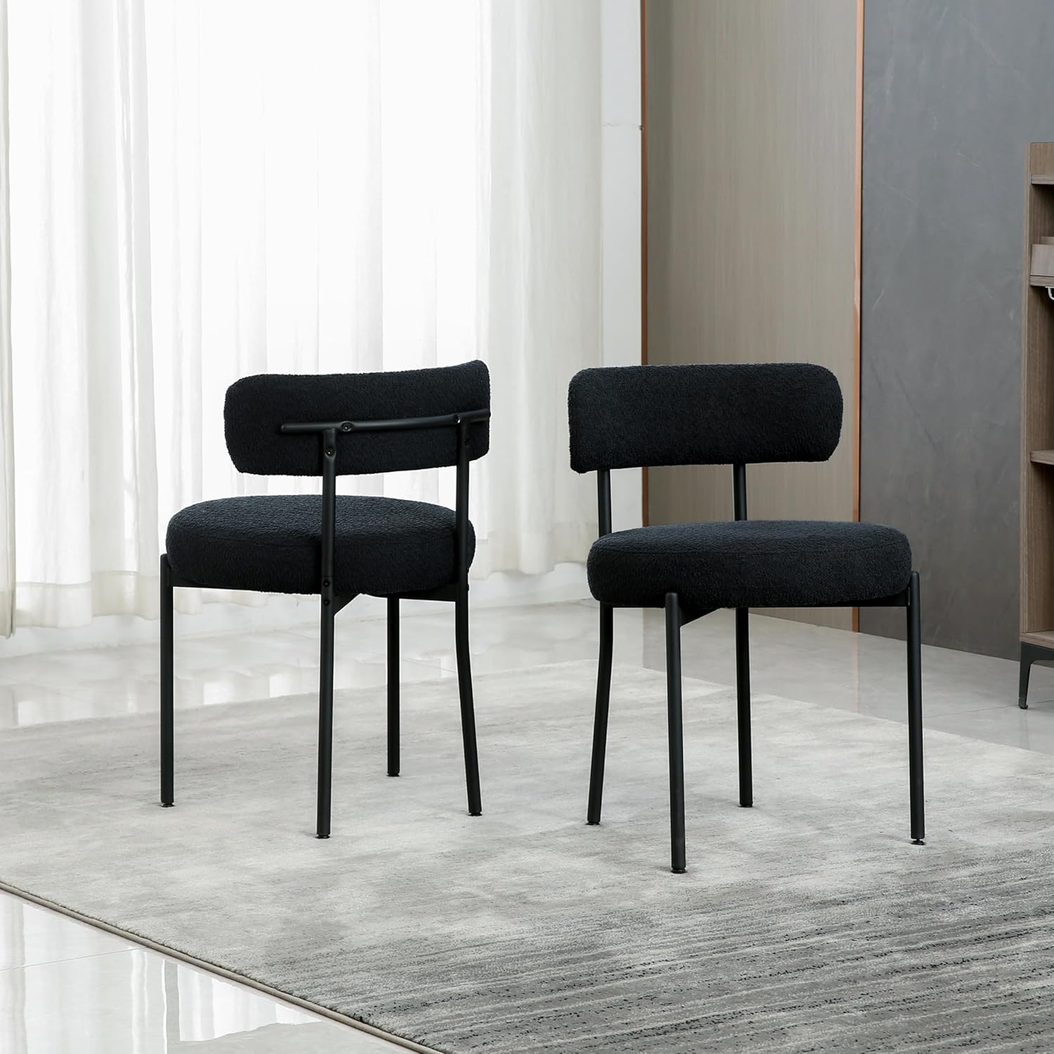 Black Boucle Dining Chairs Set of 2, Mid Century Modern Kitchen Chairs with Curved Backrest and Metal Legs, Upholstered Dining Room Chairs