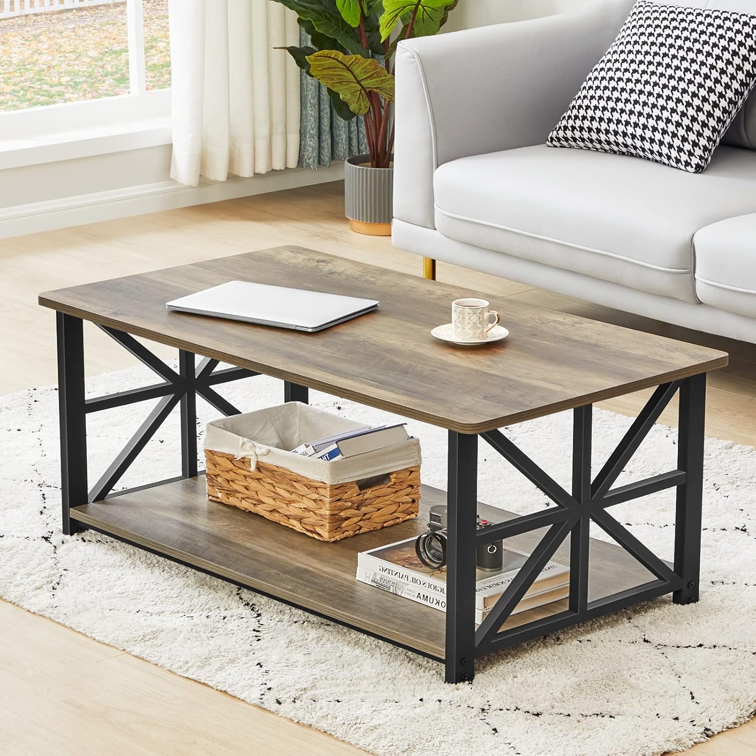 Coffee Table for Living Room with Round Corners Farmhouse Style Center Table with Storage Shelf 39 Inch Space Saving Easy Assembly Gray Wash - Image 2