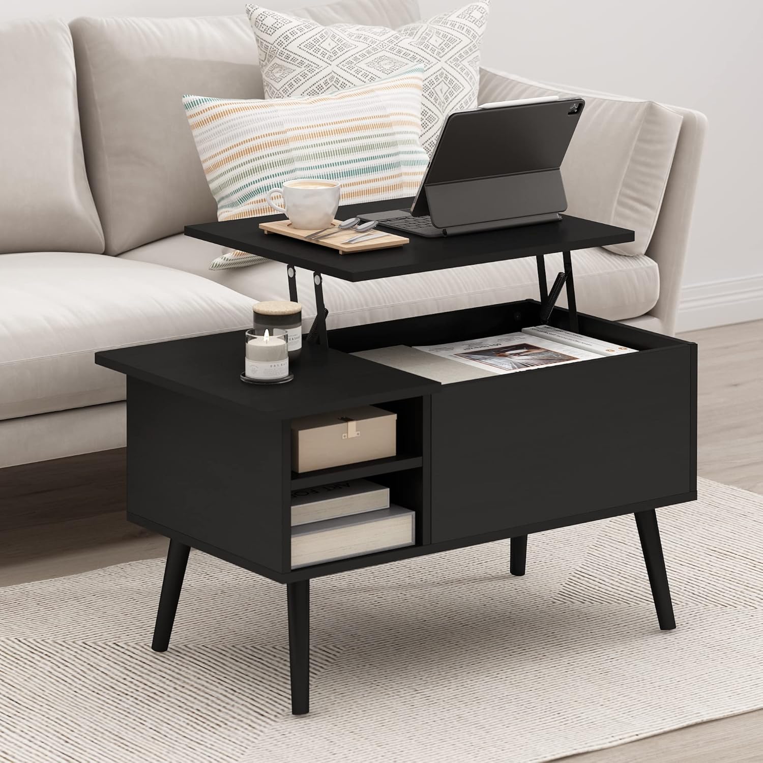 Living Room Wooden Leg Lift Top Coffee Table With Hidden Compartment and Side Open Storage Shelf, Americano - Image 2
