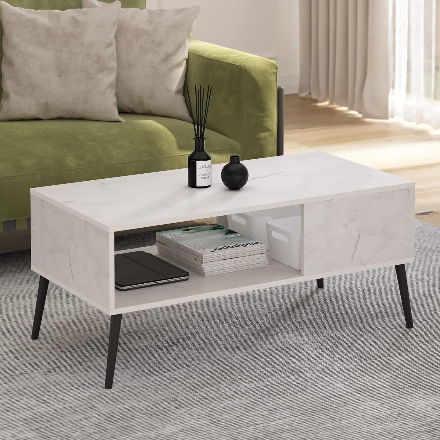 Mid Century Style Coffee Table with Wood Legs, Marble White - Image 2