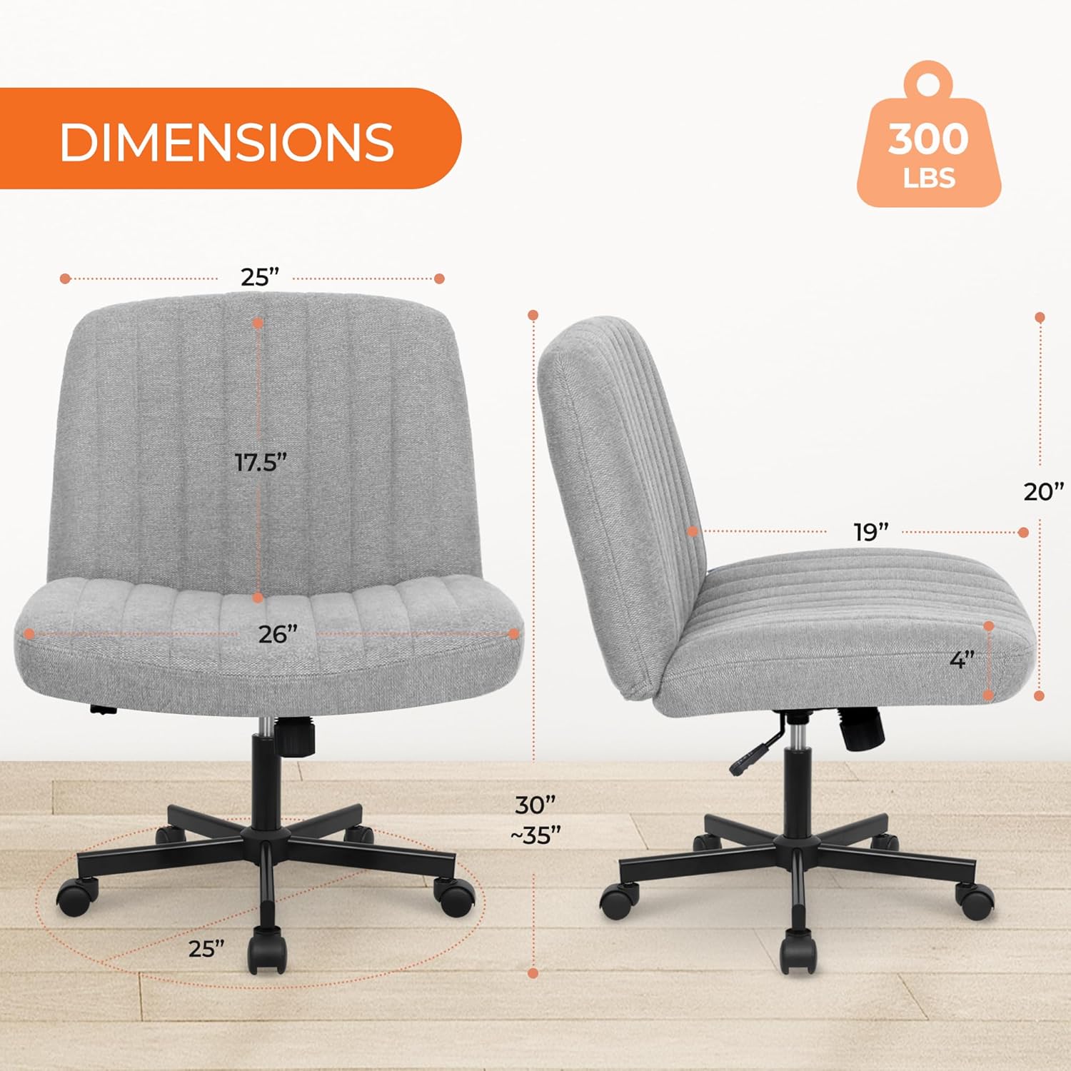 Criss Cross Chair with Wheels Comfy Cross Legged Office Desk Armless Wide Vanity Makeup Chair Adjustable Rolling Computer for Home Office Fabric (Grey) - Image 2