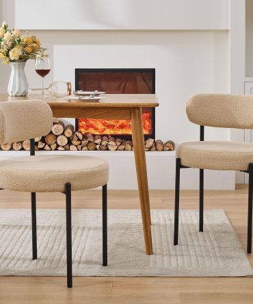 White Boucle Dining Chairs, Kitchen Dining Room Chairs Curved Backrest Upholstered Mid Century Modern Dining Chairs (Beige, 2pcs)