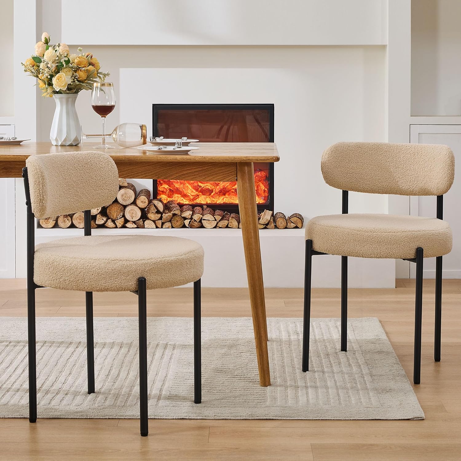 White Boucle Dining Chairs, Kitchen Dining Room Chairs Curved Backrest Upholstered Mid Century Modern Dining Chairs (Beige, 2pcs)