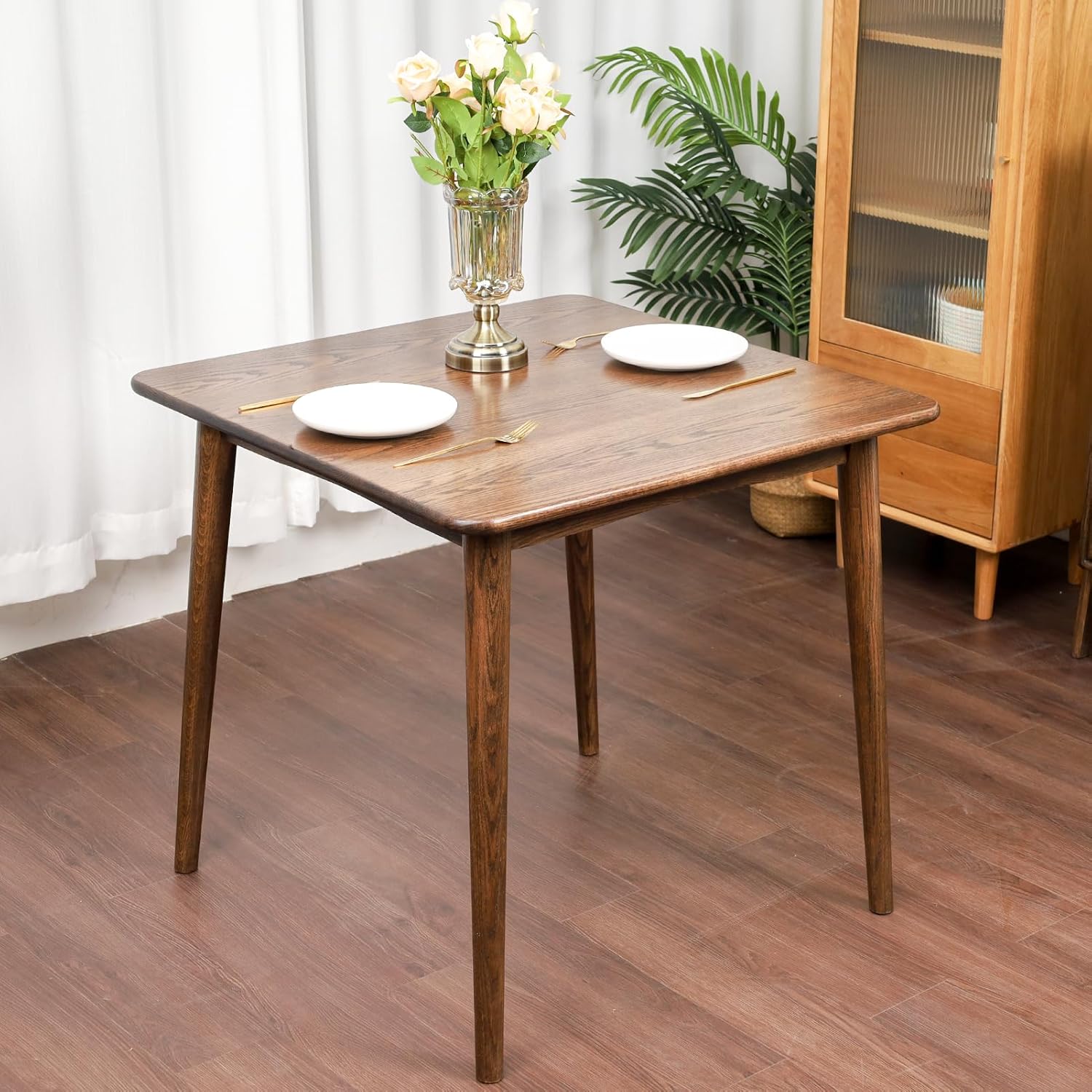 Square Dining Table, Solid Wood MidCentury Modern Kitchen Table for Island, Small Oak Tables for 2, 31.5" L x 31.5" W x 29.5" H, Walnut
