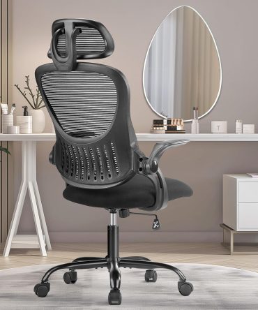 Home Office Desk Chair, Ergonomic Computer Managerial Executive Chairs High-Back Work Swivel Task Chairs with Wheels, Lumbar Support, Comfy Flip-up Armrest for Gaming, Study, Student, Black