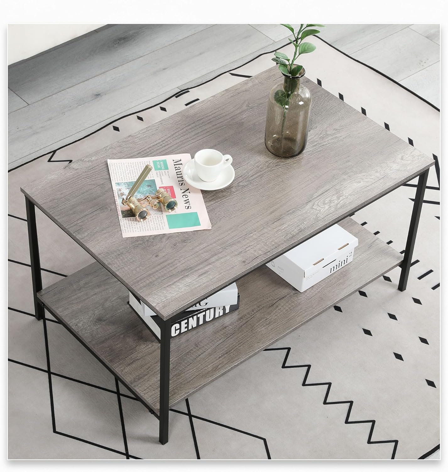 2-Tier Coffee Table with Storage Shelf for Small Living Spaces, Grey Oak Rectangle Wood and Sturdy Metal Side End Table, Stable Metal TV Stand, Functional Center Table for Living Room - Image 2