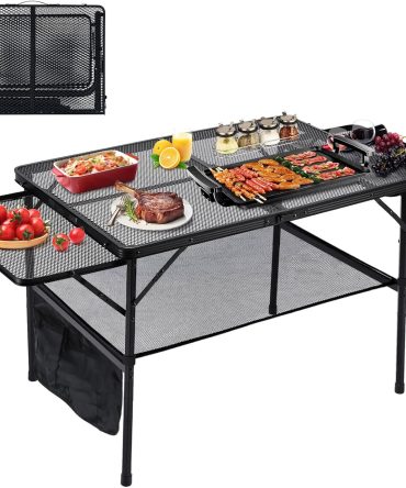 4.4FT Folding Grill Table, Portable Camping Table with Extension Board, Height Adjustable Metal Table with Mesh Desktop, Lightweight Outdoor Grill Table for Camping, Picnic, Beach and BBQ