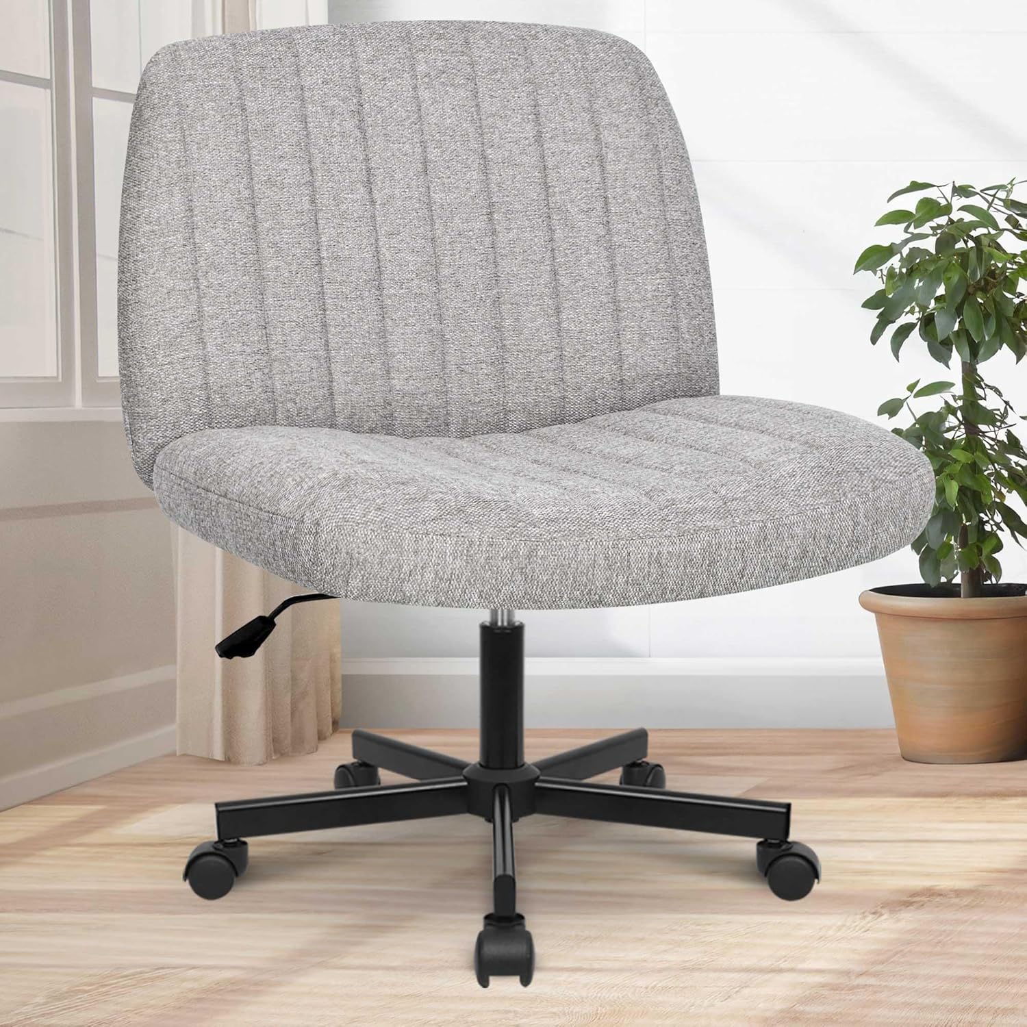 Criss Cross Chair with Wheels Comfy Cross Legged Office Desk Armless Wide Vanity Makeup Chair Adjustable Rolling Computer for Home Office Fabric (Grey)