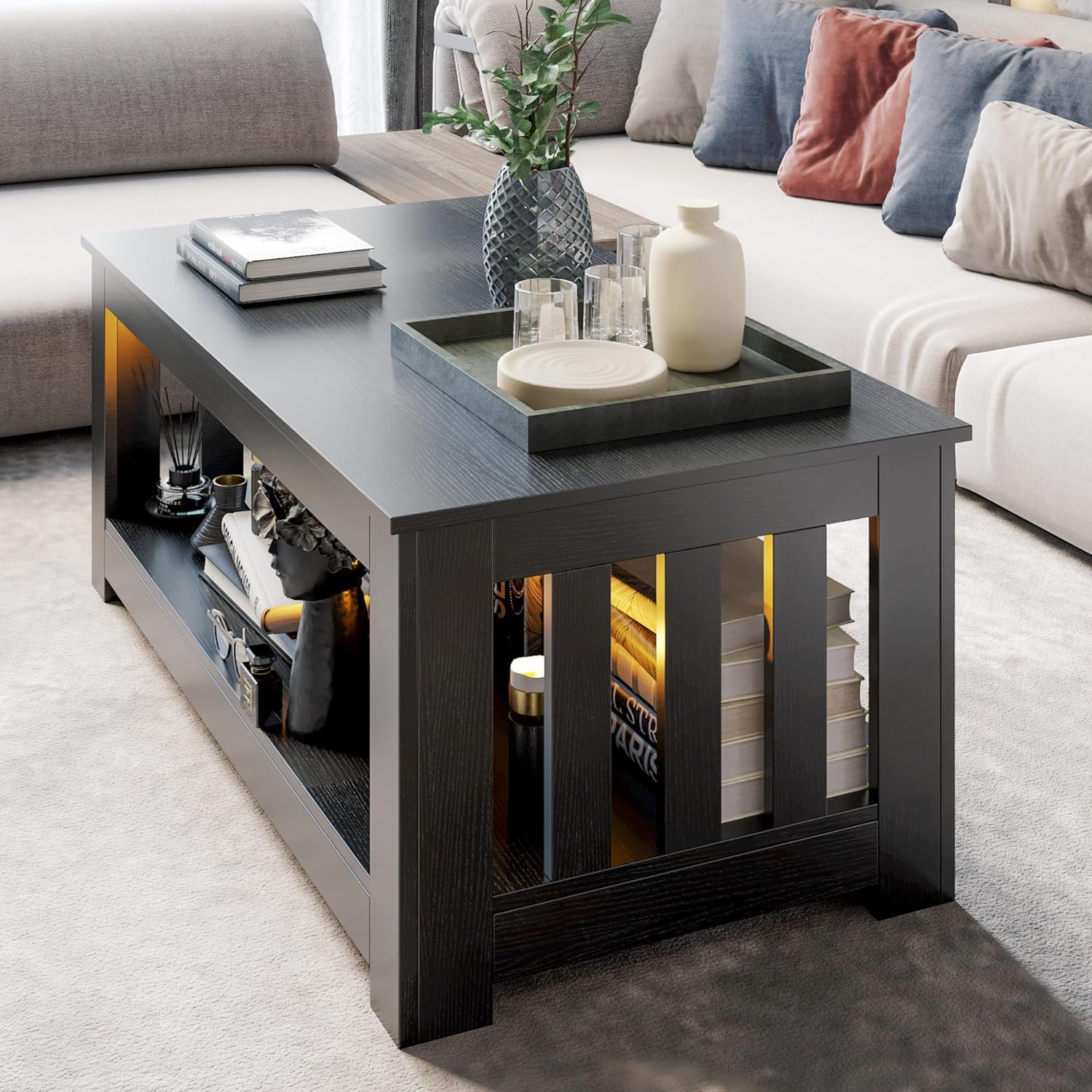 Wooden One Style Fits All Coffee Table - Black Coffee Table, 2-Tier Rectangular Table Living Room, Scratch/Water Resistant Farmhouse Easy Assembly - Image 2