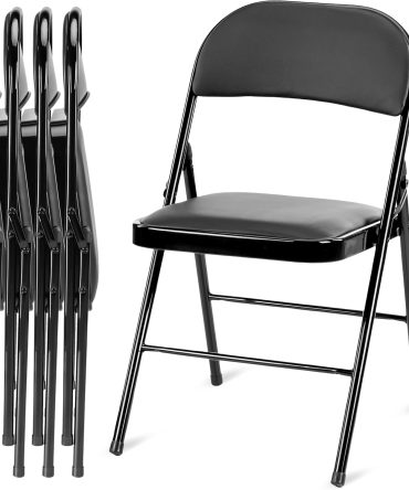 4 Pack Folding Chairs with Leather Padded Cushion Seats & Durable Metal Frame, Comfortable, Foldable, Portable, Commercial Event Seat, Indoor Outdoor for Parties, Home, Office, Black
