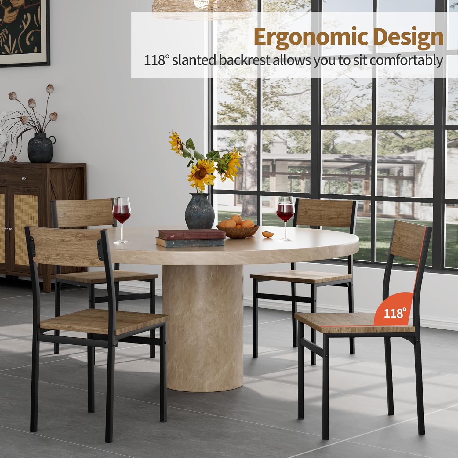 Dining Chairs Set of 4, Rustic Wood Dining Room Chairs with Metal Steel Frame & Slat Back, Modern Farmhouse Chair for Kitchen, Living Room (Walnut) - Image 2