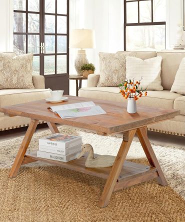 Farmhouse Coffee Table for Living Room, 2-Tier Solid Wood Coffee Table, Rustic Rectangular Coffee Table with Storage Open Shelf, Natural