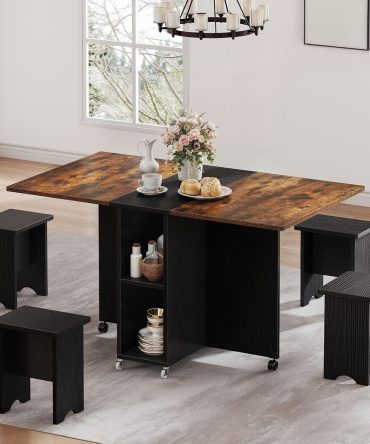 5 Pieces Folding Extendable Dining Table Set with 4 Chairs for 4 Peoples 55 Inches Drop Leaf Wood Kitchen Dining Room Table Set with Storage and 6 Wheels for Small Space Saving Rustic Brown