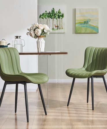 Green Dining Chairs Set of 2 Mid-Century Modern Kitchen Dining Room Chairs Armless Faux Leather Upholstered Accent Side Dinner Chair with Padded Back Metal Legs, Olive