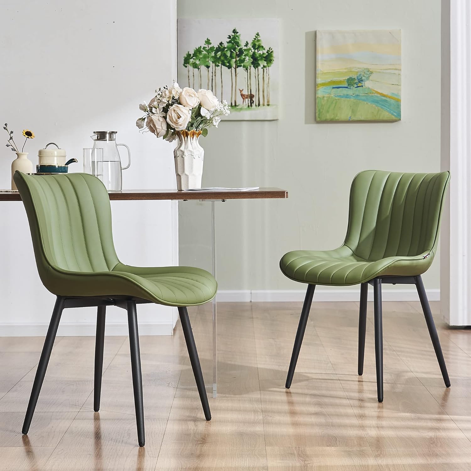 Green Dining Chairs Set of 2 Mid-Century Modern Kitchen Dining Room Chairs Armless Faux Leather Upholstered Accent Side Dinner Chair with Padded Back Metal Legs, Olive
