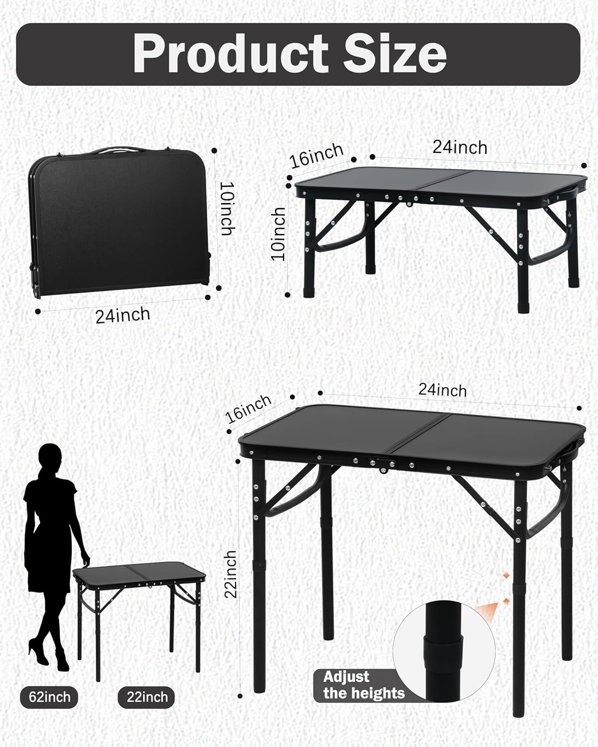 2024 Reinforced Small Folding Table Portable, Small Foldable Camping Table, Heavy-Duty Mini Folding | Adjustable Height | Lightweight Aluminum with Handle | Black 25.2"x16.3"x22.2" - Image 2