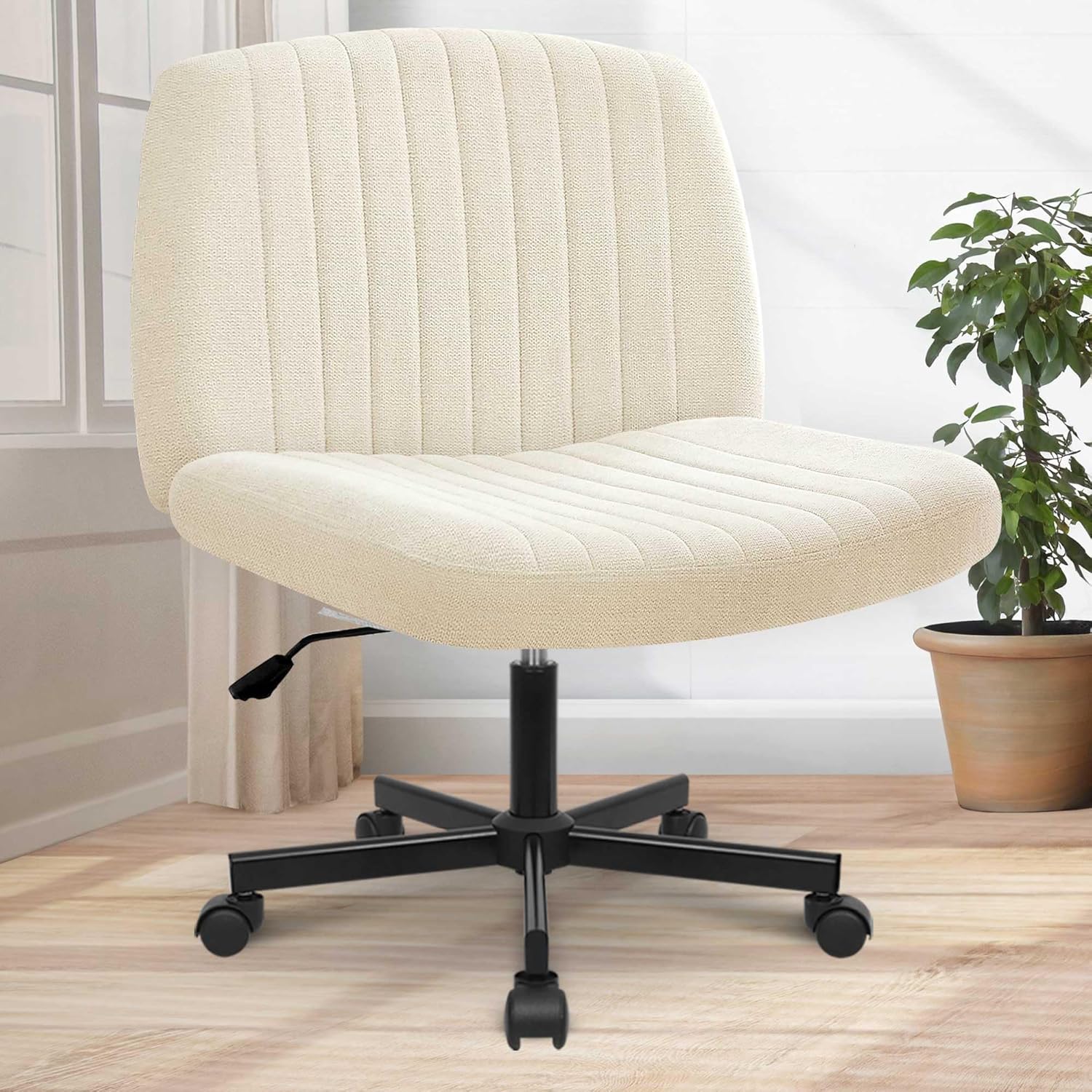 Criss Cross Chair with Wheels Comfy Cross Legged Office Desk Armless Wide Vanity Makeup Chair Adjustable Rolling Computer for Home Office Fabric (Beige)