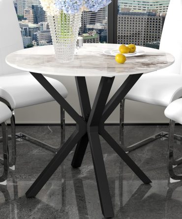 Faux Marble Round Dining Table with Black Metal Legs, Modern Sintered Stone White Kitchen Table Circle Table for Dining Room Kitchen