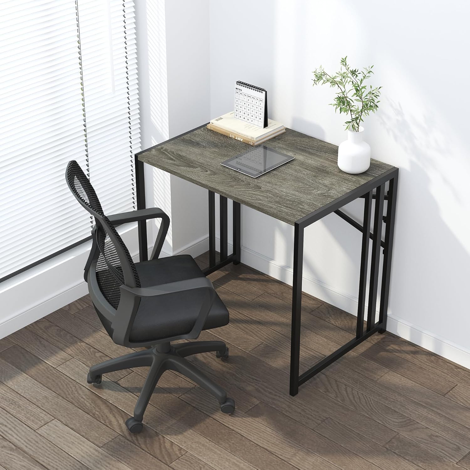 32 inch Small Folding Desk, Writing Gaming Computer Camping Desk for Small Spaces, No Assembly Required Home Office Desk, Black Oak - Image 2