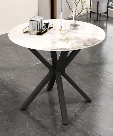 Round Faux Marble Dining Table for 2-4 with Metal Legs, 31.5 Inch Modern Small Sintered Stone Kitchen Table for Kitchen Dining Room (White)
