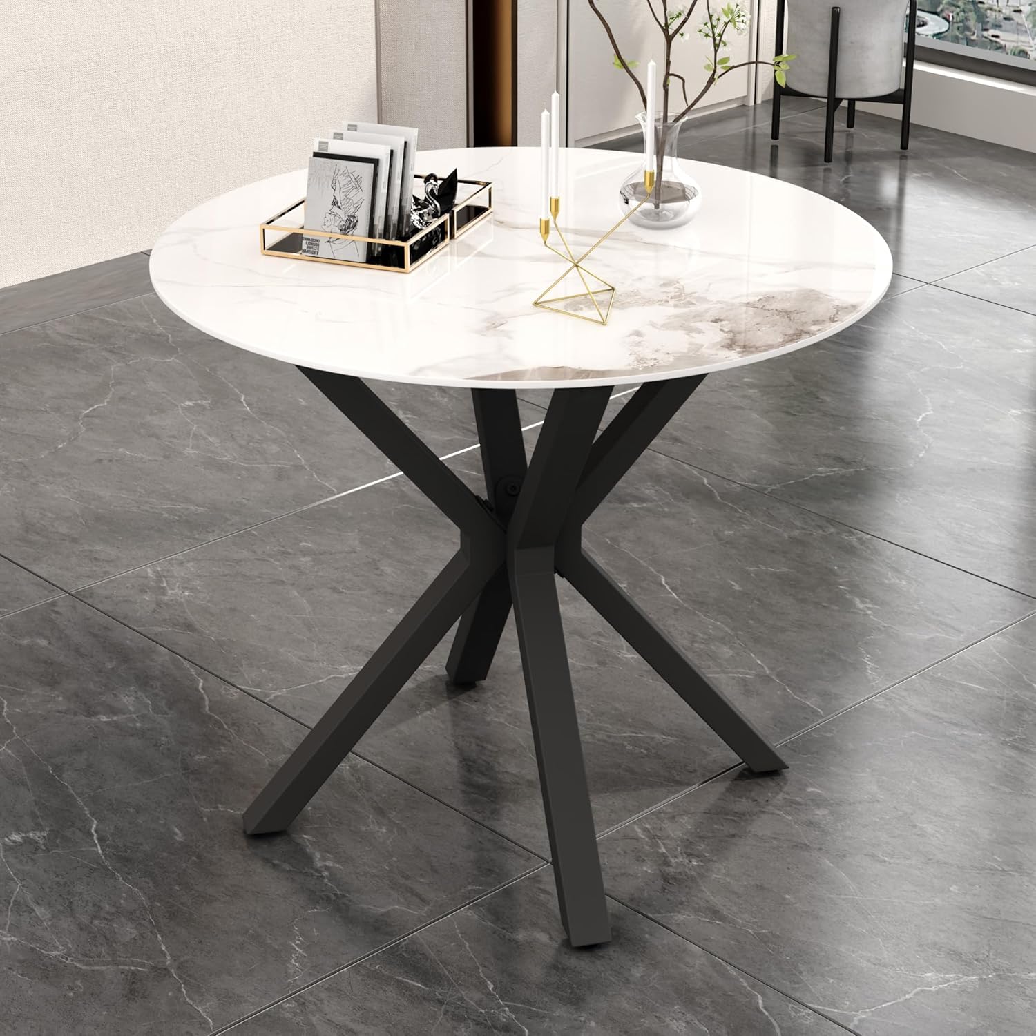 Round Faux Marble Dining Table for 2-4 with Metal Legs, 31.5 Inch Modern Small Sintered Stone Kitchen Table for Kitchen Dining Room (White)