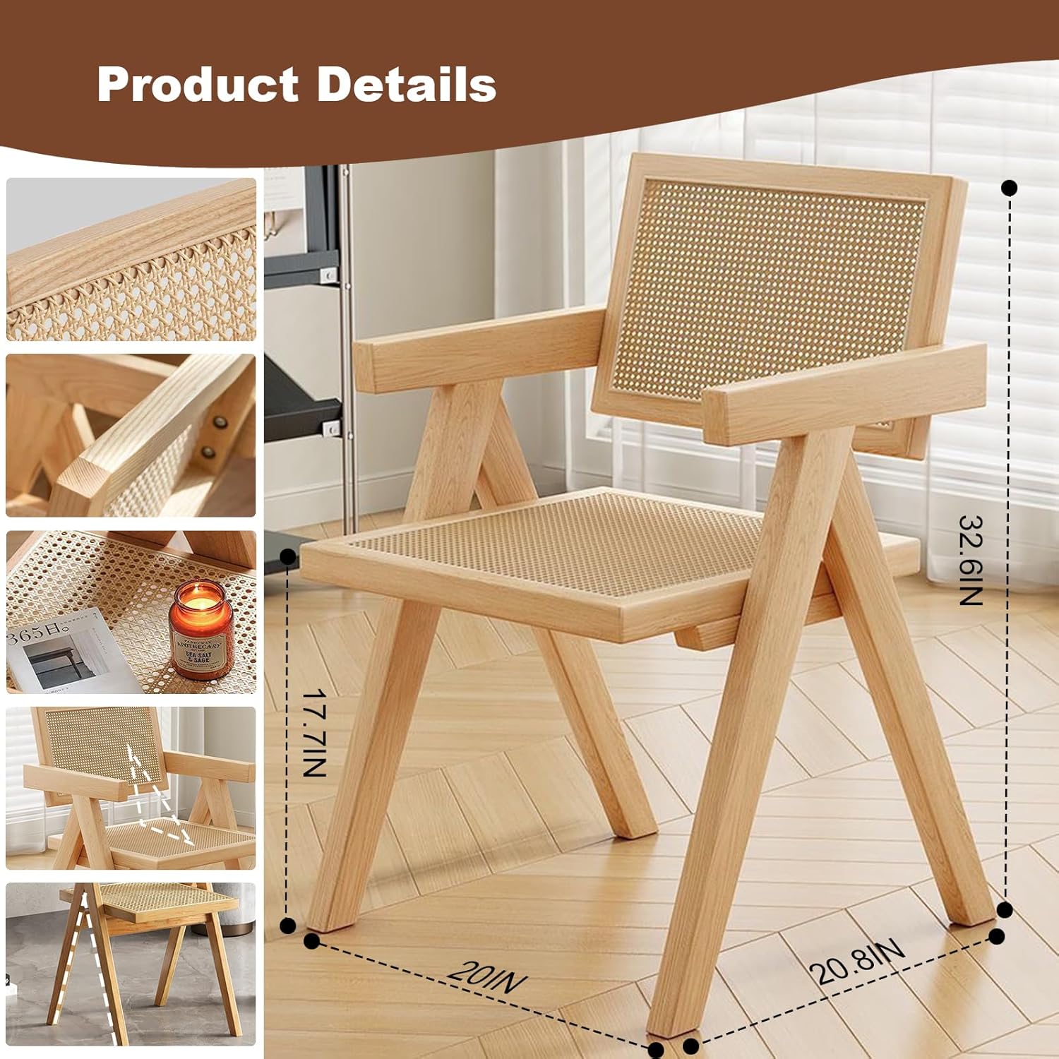 Rattan Dining Chair, Wood Kitchen Cane Comfy Arm with Woven Backrest and Seat, for Living Room Bedroom Kitchen Reataurant Dining Chairs (Original Wood Color) - Image 2