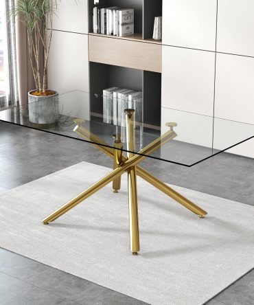 71 Inch Glass Dining Table, Modern Large Gold Dining Room Table for 68 , Rectangular Kitchen Table with Tempered Glass Top and Golden Legs