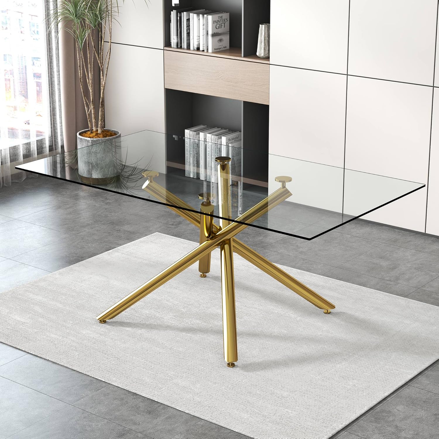 71 Inch Glass Dining Table, Modern Large Gold Dining Room Table for 68 , Rectangular Kitchen Table with Tempered Glass Top and Golden Legs