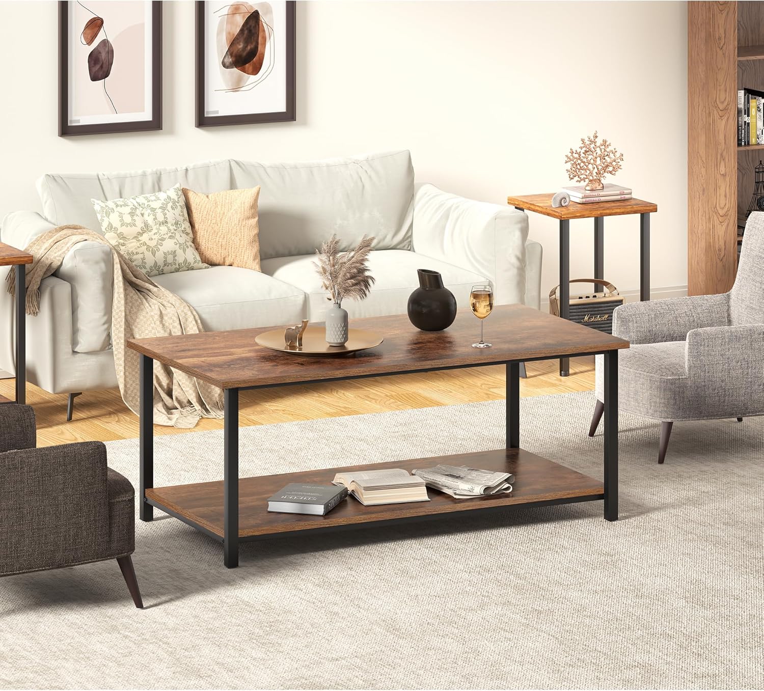 2-Tier Coffee Table with Storage Shelf for Living Spaces, Brown Rectangle Wood and Sturdy Metal Side End Table, Functional Center Table for Living Room, 39.3 x 20 x 24.4 - Image 2