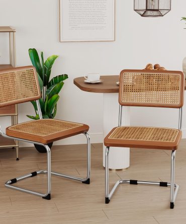Modern Mid Century Dining Chairs Set of 2, Upholstered Natural Rattan Kitchen Chairs Accent Chair, Armless Side Chairs with Metal Chrome Legs for Bedroom Living Room-Brown