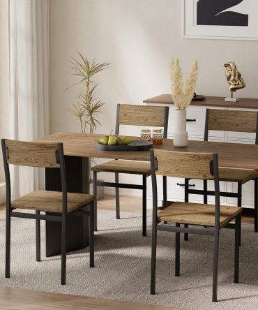 Dining Chairs Set of 4, Rustic Wood Dining Room Chairs with Metal Steel Frame & Slat Back, Modern Farmhouse Chair for Kitchen, Living Room (Walnut)