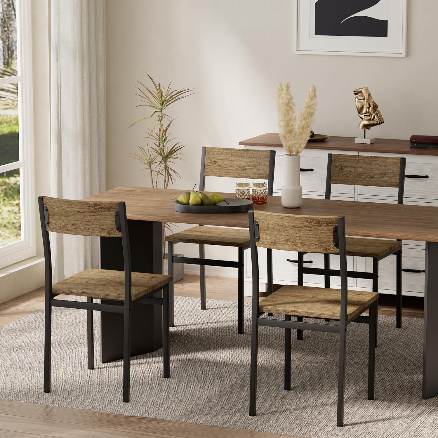 Dining Chairs Set of 4, Rustic Wood Dining Room Chairs with Metal Steel Frame & Slat Back, Modern Farmhouse Chair for Kitchen, Living Room (Walnut)